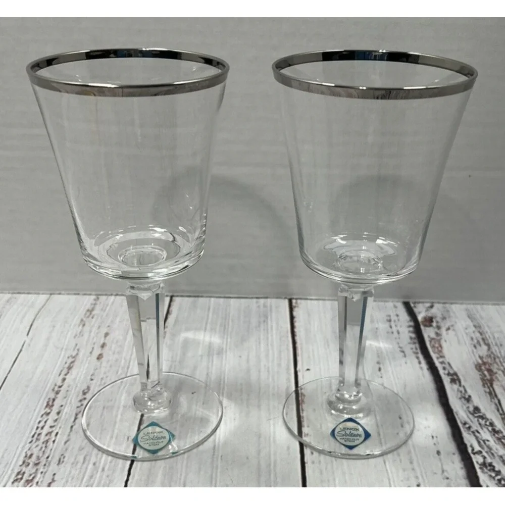 Vintage Lenox Solitaire Platinum Trim Wine Glass USA Replacement Set of 2 Clear